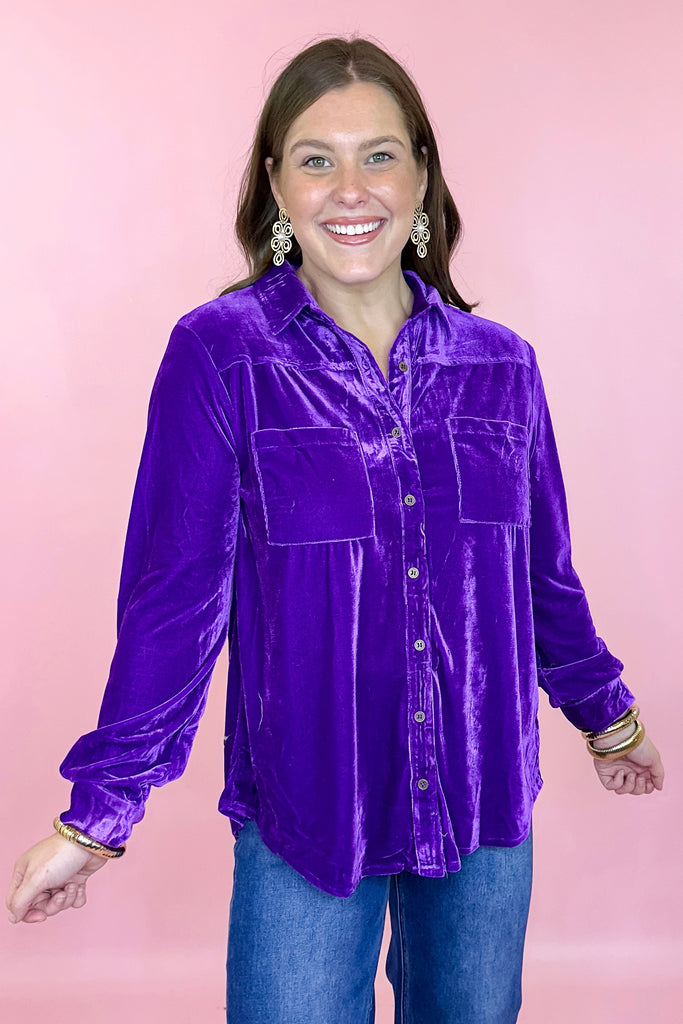 plus size velvet button down top purple