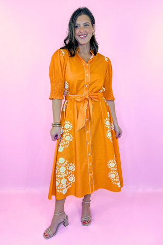 Victoria Dunn Kiawah Floral Midi Dress Tangerine