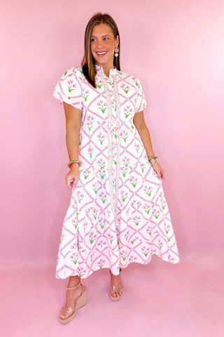 Victoria Dunn Magnolia Flutter Midi Dress Petal Lattice