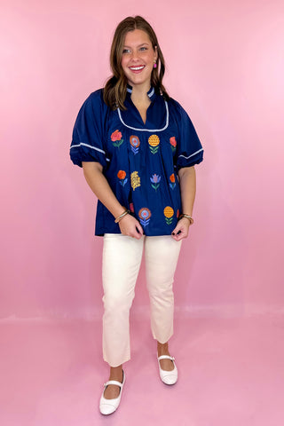 blue floral embroidered top