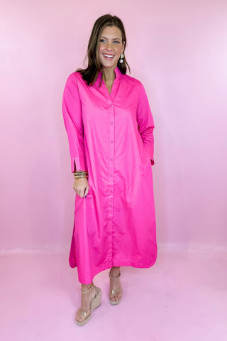 pink relaxed button shirt midi dress