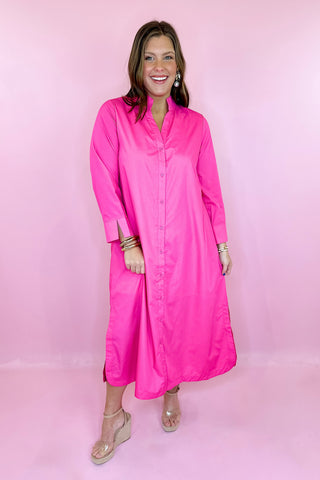 pink relaxed button shirt midi dress