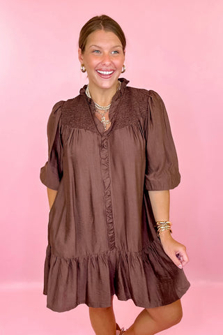 Worth Noting Ruffle Midi Dress Brown