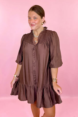 Worth Noting Ruffle Midi Dress Brown