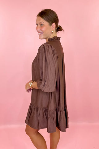 Worth Noting Ruffle Midi Dress Brown