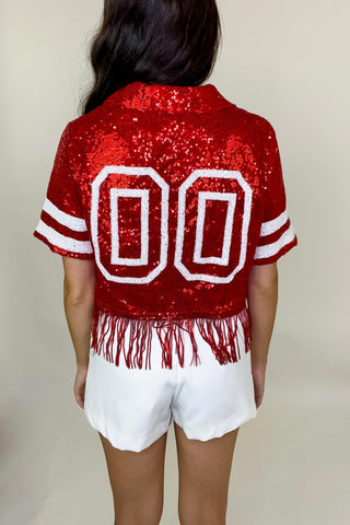 Game Day Cropped Sequin Varsity Jersey