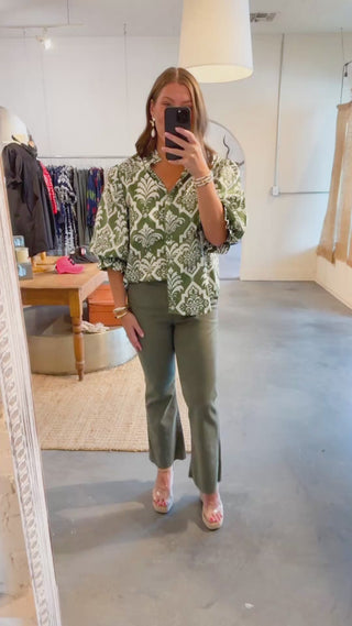 green printed button down top