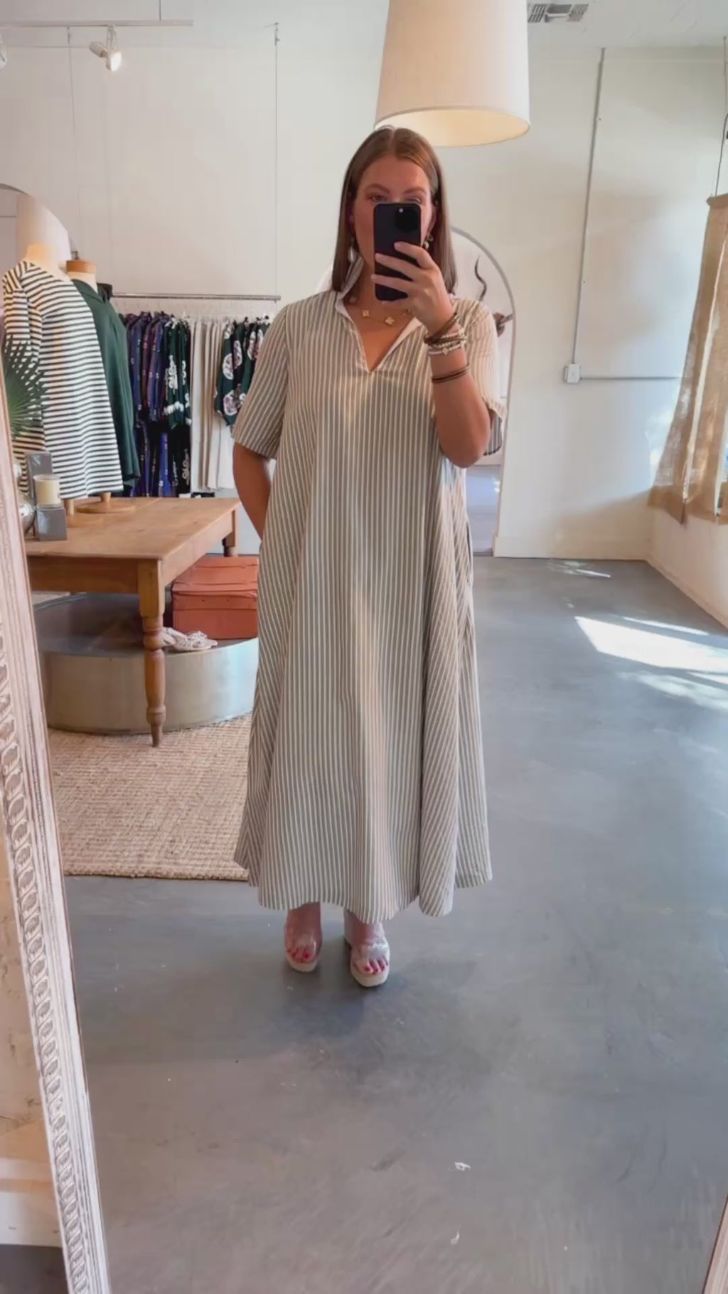 Adrienne Audrey Ruffle Collar Midi Dress Olive Stripe