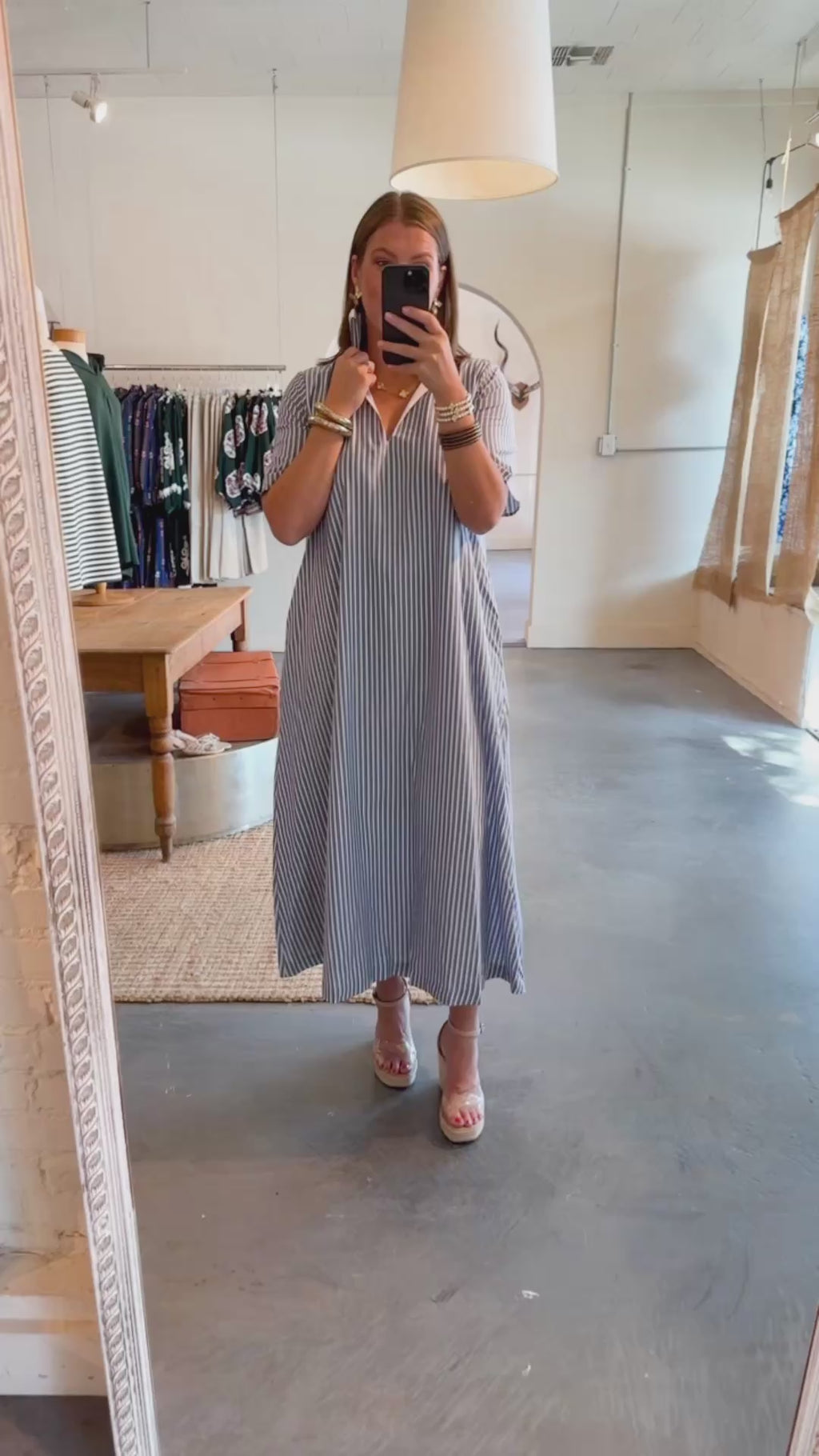 Adrienne Audrey Ruffle Collar Midi Dress Navy Stripe